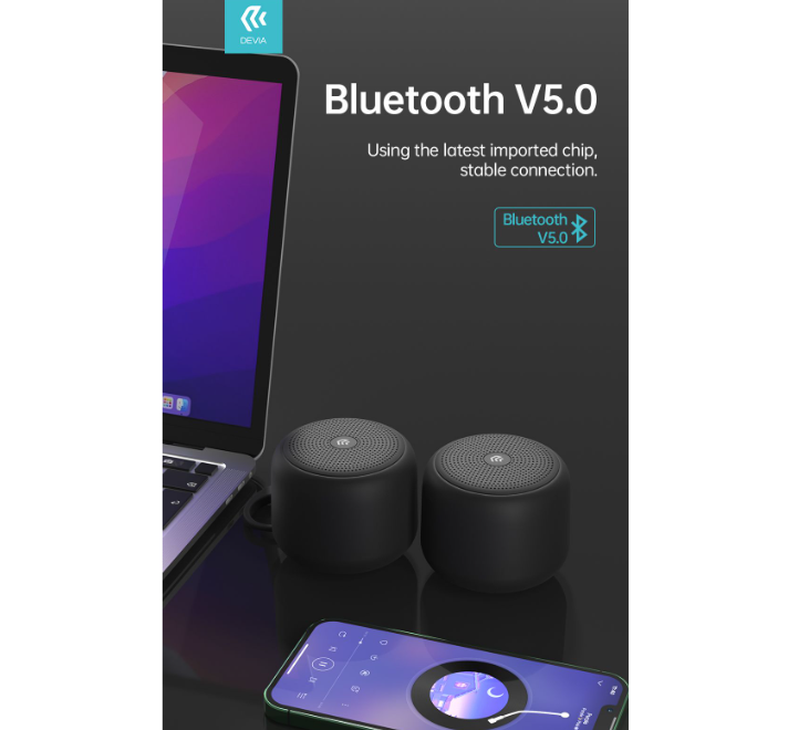 Devia mini bluetooth wireless speaker. Waterproof with lanyard for phones, PC, laptops, iPads and tablets. 5W. 8 hours playtime. Black