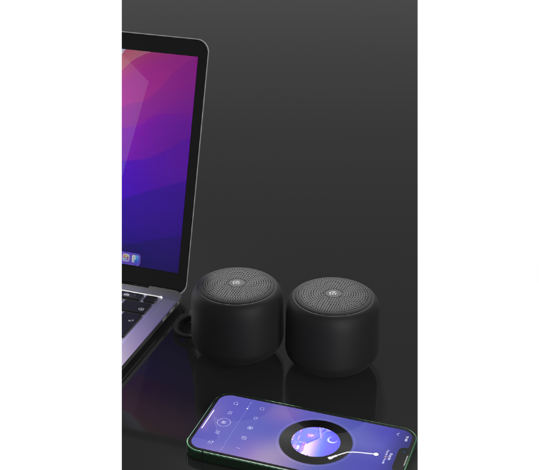 Devia mini bluetooth wireless speaker. Waterproof with lanyard for phones, PC, laptops, iPads and tablets. 5W. 8 hours playtime. Black