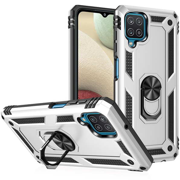 Samsung A12 phone case silver ring armor anti drop shockproof rugged protective
