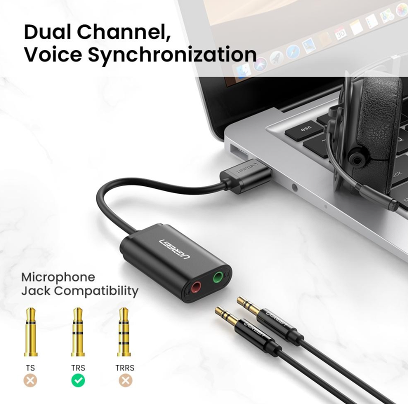 UGREEN USB External Sound Card, External Sound Card with Jack 3.5mm Headphone and Microphone Jack for Laptop PC
