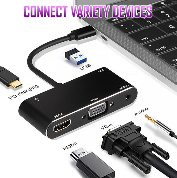 USB C to HDMI hub Multiport Adapter to USB (PD), HDMI 4K, VGA, 3.5mm AUX audio output & USB-C. Android, iPhone 15, iPad 2020-2023, laptops and Macbook