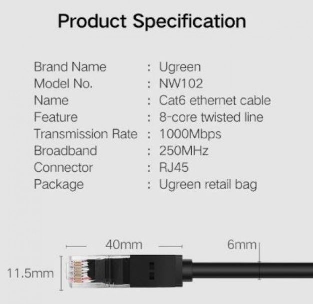 Ugreen 5 meter CAT6 RJ45 Ethernet Network LAN UTP Cable Lead 5 metre black 5m