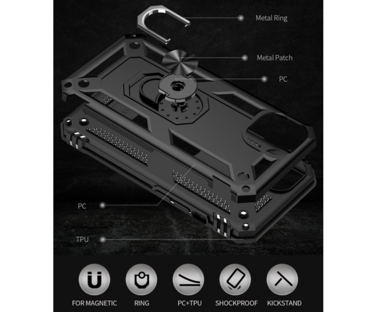 iPhone 13 & iPhone 14 Case. black ring armor anti drop shockproof rugged protective cover