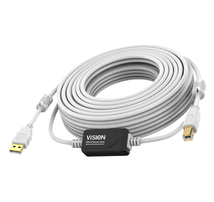 10m USB 2.0 Active Printer cable. USB-A (M) to USB-B (M). Bandwidth 480mbit/s. 28+24 AWG. Ferrite cores. White. Vision