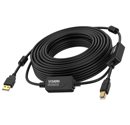 15m USB 2.0 Active Printer cable. USB-A (M) to USB-B (M). Bandwidth 480mbit/s. 28+24 AWG. Ferrite cores. Black. Vision