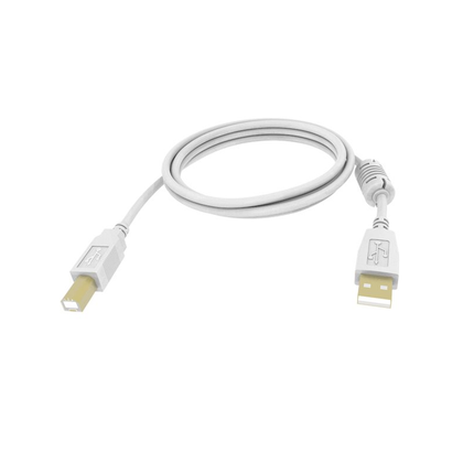 1m USB 2.0 Printer cable. USB-A (M) to USB-B (M). Bandwidth 480mbit/s. 28+24 AWG. Ferrite cores. White. Vision