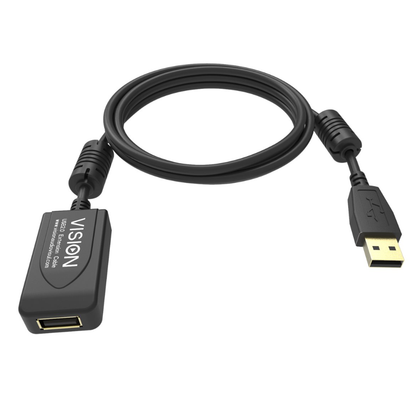 5m USB 2.0 Extension cable. USB-A (F) to USB-A (M). Bandwidth 480mbit/s. 28+24 AWG. Black. Vision