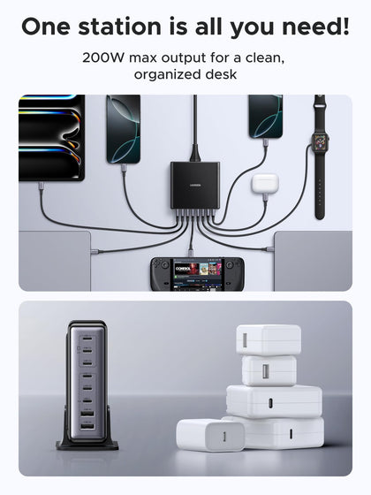 UGREEN 200W USB C Charger 8-Port GaN Desktop Charger Fast Charging Station Block PD 100W Laptop Charger Plug Support PPS Compatible with MacBook Pro/Air, iPhone Series, Galaxy Series, etc