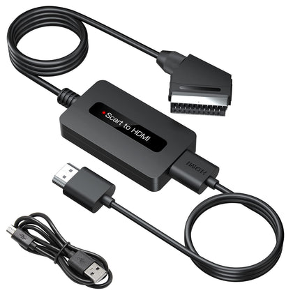 Scart to HDMI Converter with HDMI and Scart Cables, Scart to HDMI Adapter, Scart In to HDMI Out. Converter Supports Full HD 720P/ 1080P