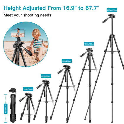 Camera Phone Tripod. Portable Foldable. Fully Flexible Mount Tripod Stand with 3D Head, Quick Release Plate & Bluetooth Remote. 67.7