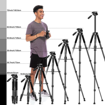 Camera Tripod Aluminium Monopod. 182cm/72-inch. Lightweight and Compact for Travel. 3-way Swivel Head. 2 Quick Release Plates for DSLR Video. Black