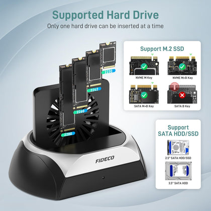 Hard Drive Docking Station, M.2 NVME SSD Docking Station with Cooling Fan, Support 2.5 and 3.5 inch SATA HDD SSD, and M.2 NVME SATA SSD, Ultimate Heat Dissipation