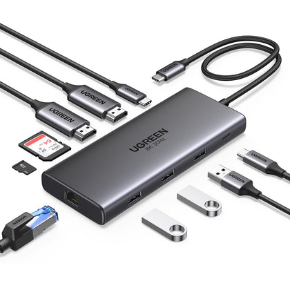 UGREEN Docking Station Revodok Pro 210 USB C Hub 10 in 1 Dual 4K 60Hz Single 8K 30Hz Gigabit Ethernet 100W PD 4x 5Gbps USB Ports SD TF USB C Dock for Laptops