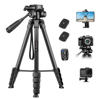 Camera Phone Tripod. Portable Foldable. Fully Flexible Mount Tripod Stand with 3D Head, Quick Release Plate & Bluetooth Remote. 67.7