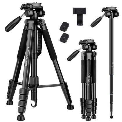 Camera Tripod Aluminium Monopod. 182cm/72-inch. Lightweight and Compact for Travel. 3-way Swivel Head. 2 Quick Release Plates for DSLR Video. Black