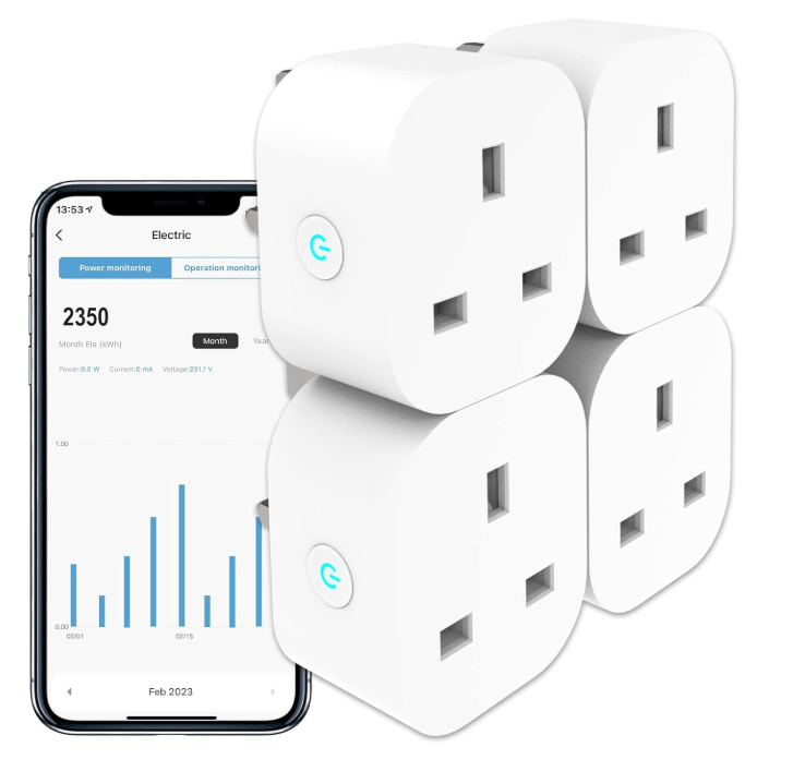 Smart Plug with Energy Monitoring, 2,4GHz WiFi, SmartLife APP Wireless Remote Control, Timer Function, Supports Alexa, Google Home, 13A. 4 Pack