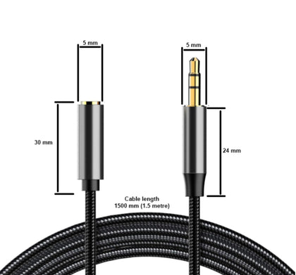 AUX 3.5 extension cable 1.5 metre. Plug to socket. Nylon Braid AUX Audio Cable extender. Black