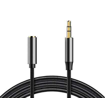 AUX 3.5 extension cable 1.5 metre. Plug to socket. Nylon Braid AUX Audio Cable extender. Black