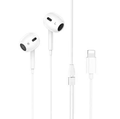 Earphones Max for iPhone. Wired, In-ear, Mic, Volume and Call answer buttons. Compatible with iPhone 7 to 14. Plug and Play. Hoco M111 Max. White