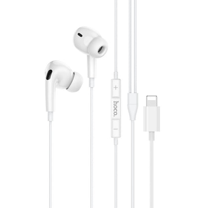 Earphones Pro for iPhone. Wired, In-ear, Mic, Volume and Call answer buttons. Compatible with iPhone 7 to 14. Plug and Play. Hoco M111 Pro. White