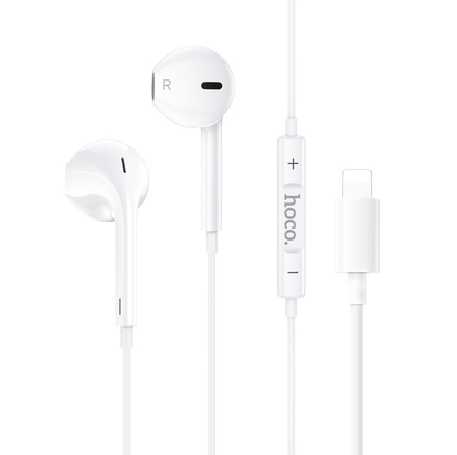 Earphones for iPhone. Wired, In-ear, Mic, Volume and Call answer buttons. Compatible with iPhone 7 to 14. Plug and Play. Hoco M111. White