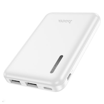 HOCO 5000 mAh Power Bank. Fast Charge. 18.5Wh. Output, two USB A ports. Input, USB-C & Micro USB. J115. iPhone, Android, Tablet, iPad. White.