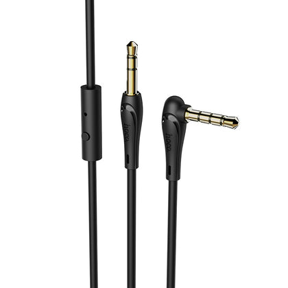 Hoco 3.5mm elbow Aux Audio cable 1m. Builtin Microphone. Call answer, play, pause, skip button. Phone, Headphones, PC, Car, Speaker, Amp. Black. UPA15