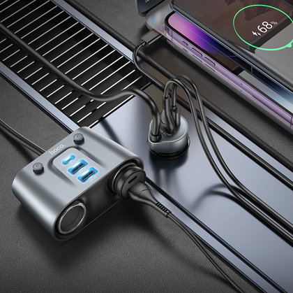 Hoco Car Charging outlet splitter. 2 x Power Outlet. 2 x USB-C. 3 x USB. 30W PD + QC3.0. Max combined output 147W. Z51.