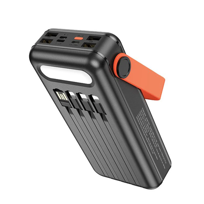 Hoco DB33 Plus 30000mAh Solar Power Bank with Built-In Cables, 22.5W Fast Charging & LED Flashlight – Black