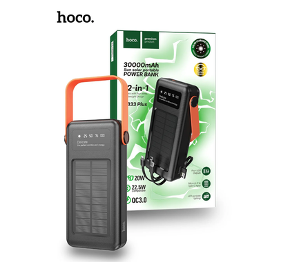 Hoco DB33 Plus 30000mAh Solar Power Bank with Built-In Cables, 22.5W Fast Charging & LED Flashlight – Black