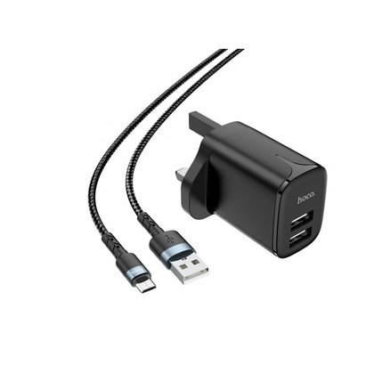 Hoco DC16 Dual Port USB-A Charging Plug with One USB-A to USB-C Cable. 2.4A. Black