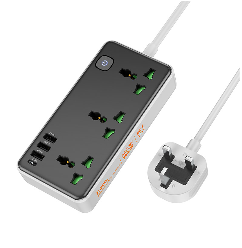 Hoco DC56 Cool Power Strip Socket Extension Board 3 AC Outlets + 3 USB + 1 Type-C, 2M Cable, 2500W, 18W Fast Charging