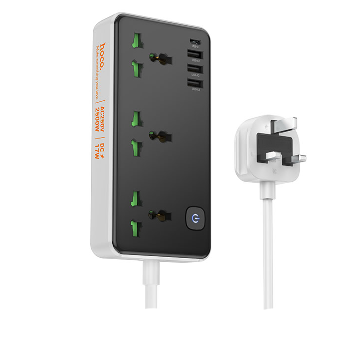 Hoco DC56 Cool Power Strip Socket Extension Board 3 AC Outlets + 3 USB + 1 Type-C, 2M Cable, 2500W, 18W Fast Charging