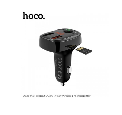 Hoco DE35 Bluetooth FM transmitter. Handsfree Calls. Dual Car Charger, USBA 23W/QC3. USB Flash Drive/SD Card Support. MP3 / WMA / WAV / FLAC. in-car.