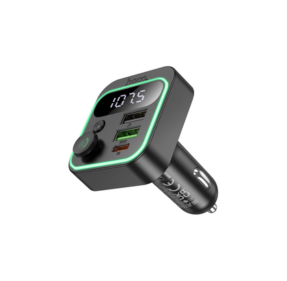 Hoco E85 Bluetooth 5.4 FM transmitter. DC12-24V. 38W. Handsfree calls, charger. USB C PD 20W. 2 USB A QC3. USB playback MP3 / WMA / WAV / FLAC in-car