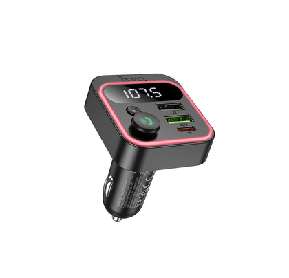 Hoco E85 Bluetooth 5.4 FM transmitter. DC12-24V. 38W. Handsfree calls, charger. USB C PD 20W. 2 USB A QC3. USB playback MP3 / WMA / WAV / FLAC in-car