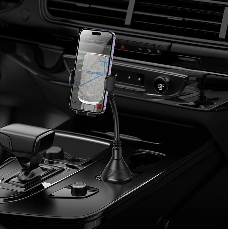 Hoco H63 Utmost Car Cup Holder Phone Mount, Push-Type Clamp, 360° Rotation, Flexible Rod, for 4.5–7" Phones, Black