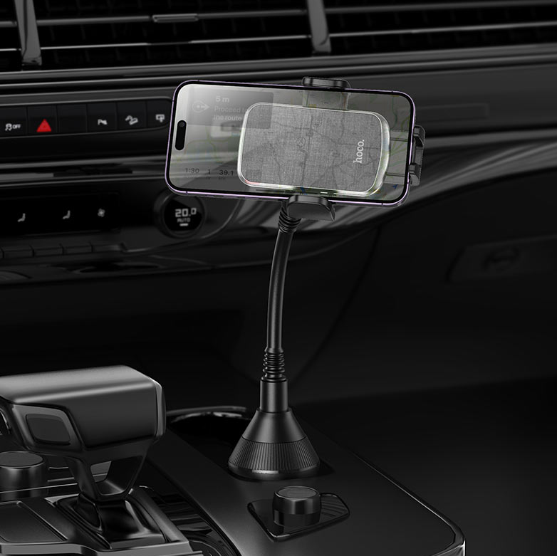 Hoco H63 Utmost Car Cup Holder Phone Mount, Push-Type Clamp, 360° Rotation, Flexible Rod, for 4.5–7" Phones, Black