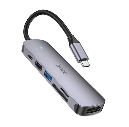 Hoco HB28 6-in-1 USB-C Hub Adapter with HDMI 4K, USB3.0, USB2.0, SDTF Card Reader, 60W PD Charging – Metal Gray