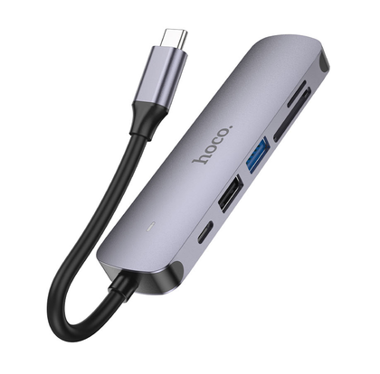 Hoco HB28 6-in-1 USB-C Hub Adapter with HDMI 4K, USB3.0, USB2.0, SDTF Card Reader, 60W PD Charging – Metal Gray
