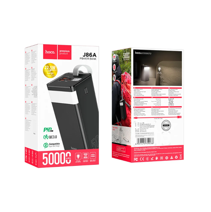 Hoco J86A Powermaster 50000mAh Power Bank with LED Lamp, 22.5W Fast Charging, USB & Type-C Output – Black