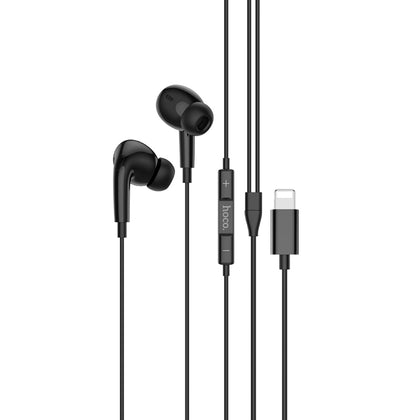 Earphones Pro for iPhone. Wired, In-ear, Mic, Volume and Call answer buttons. Compatible with iPhone 7 to 14. Plug and Play. Hoco M111 Pro. Black.