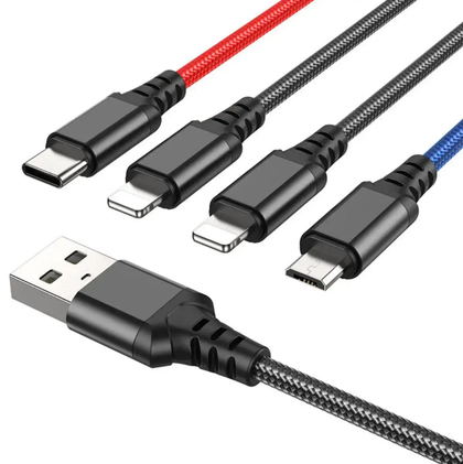 Hoco Super 4in1 USB Cable: Connect 4 Devices Simultaneously, 1m, Fast Charging, Durable Design, USB to 1x USB-C, 1x Micro USB, 2x iPhone 5 to 14. X76