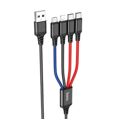 Hoco Super 4in1 USB Cable: Connect 4 Devices Simultaneously, 1m, Fast Charging, Durable Design, USB to 2x USB-C, 1x Micro USB, 1x iPhone 5 to 14. X76