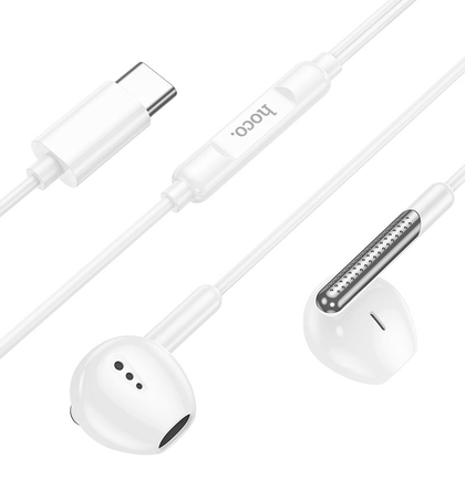 Hoco USB-C Earphones. Compatible with Huawei, Xiaomi, OnePlus, iPad Pro/Air, Samsung, Premium Build for Tangle-Free Durability. White. M123