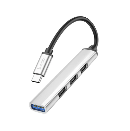 Hoco USB 3 hub USB C to 4 port USB adapter 3 x USB 2 1 x USB 3 windows mac linux consoles HB26. Silver