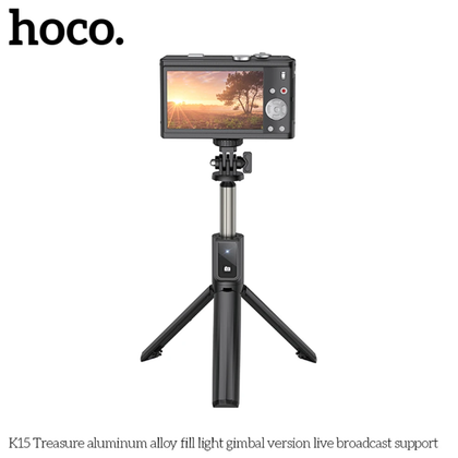 Hoco Wireless 85cm Selfie Stick. Fill, Flash light. 360. Supports Gimbal. Tripod Monopod. Bluetooth Remote Shutter. For iPhone, Android, GoPro. K15