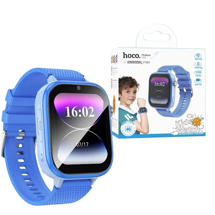 Hoco Y101 Kids 4G Smart Watch with GPS, WiFi, Camera, 1.83″ HD Screen, Nano SIM, Android 8.1, IP65 Waterproof – Blue