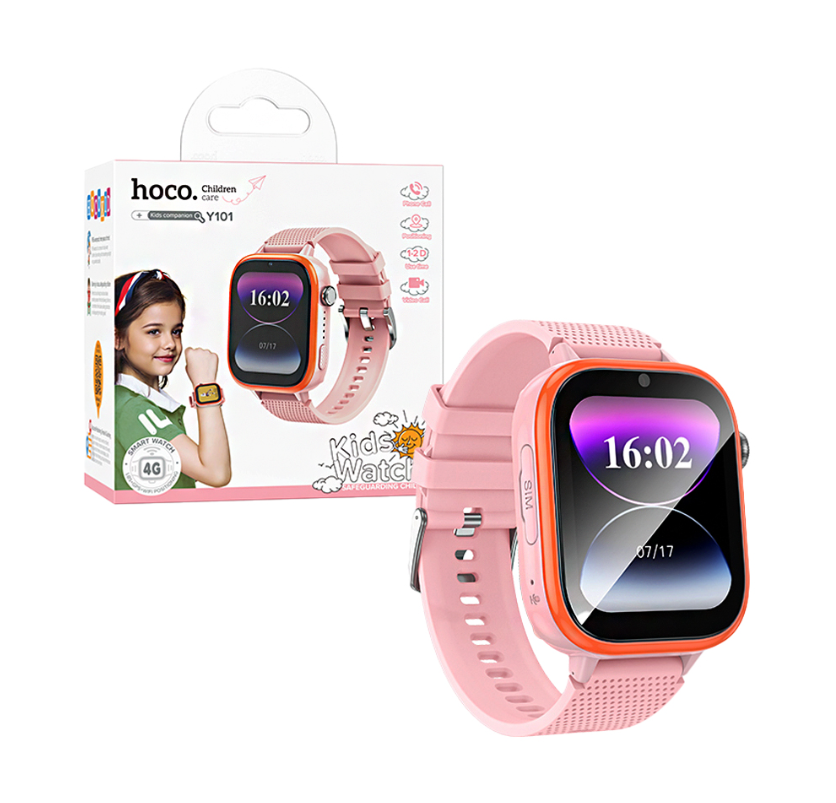 Hoco Y101 Kids 4G Smart Watch with GPS, WiFi, Camera, 1.83″ HD Screen, Nano SIM, Android 8.1, IP65 Waterproof – Pink