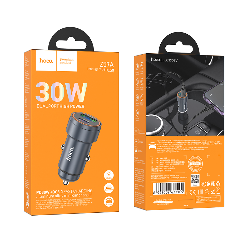 Hoco Z57A Glorious 30W PD/QC3.0 Metal Car Charger – Gold, Dual USB & Type-C Fast Charge